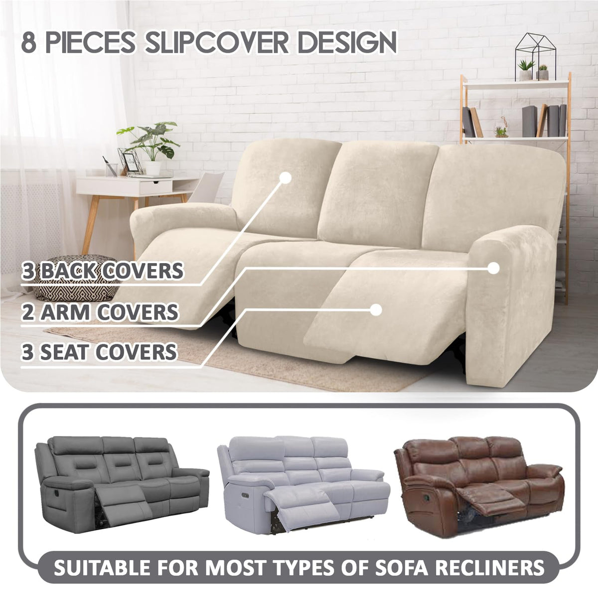 Velvet 8-Pieces Recliner Sofa Covers Stretch Reclining Couch Covers for 3 Cushion Reclining Sofa Slipcovers Furniture