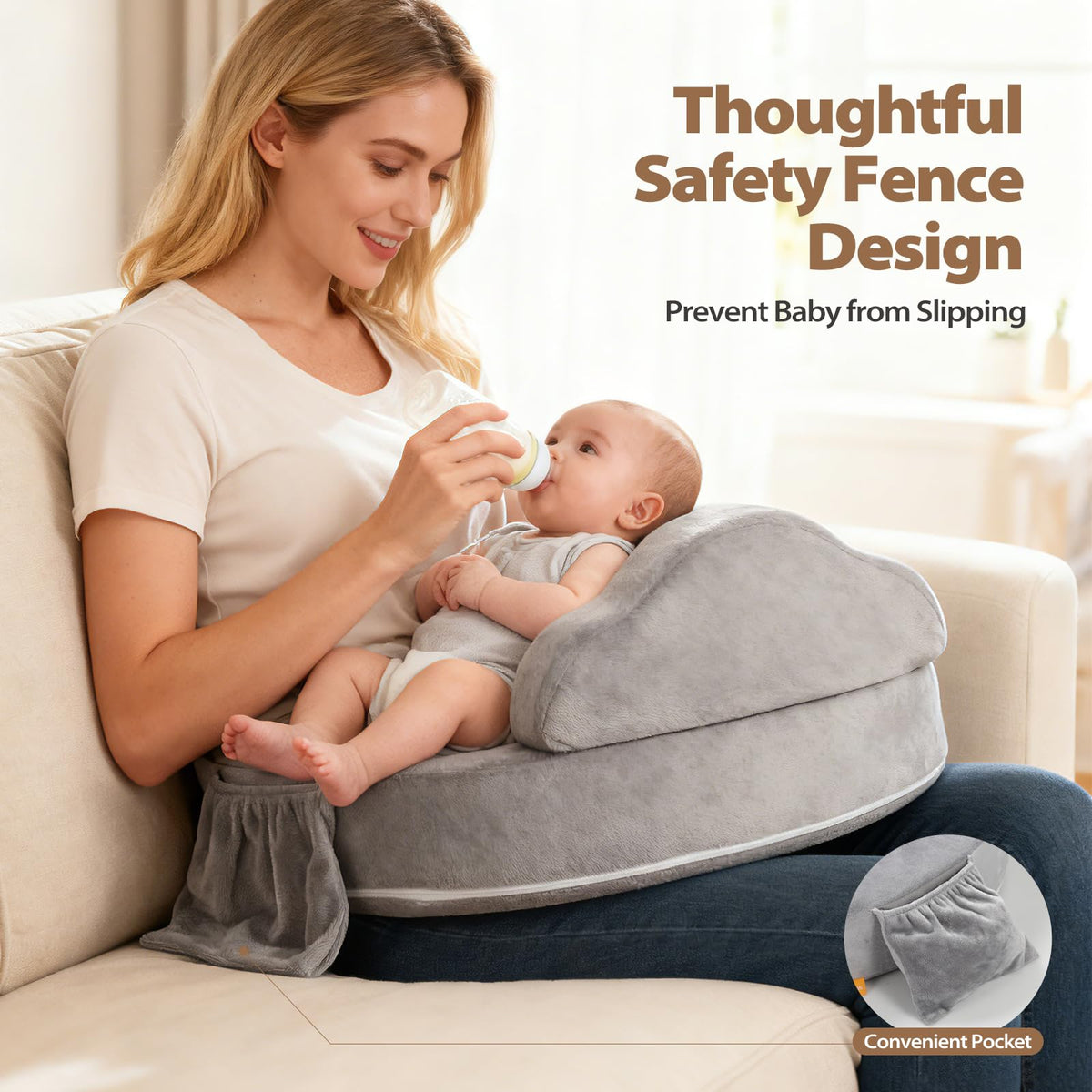 Nursing Pillow for Breastfeeding, with Safety Fence, Removable Cover