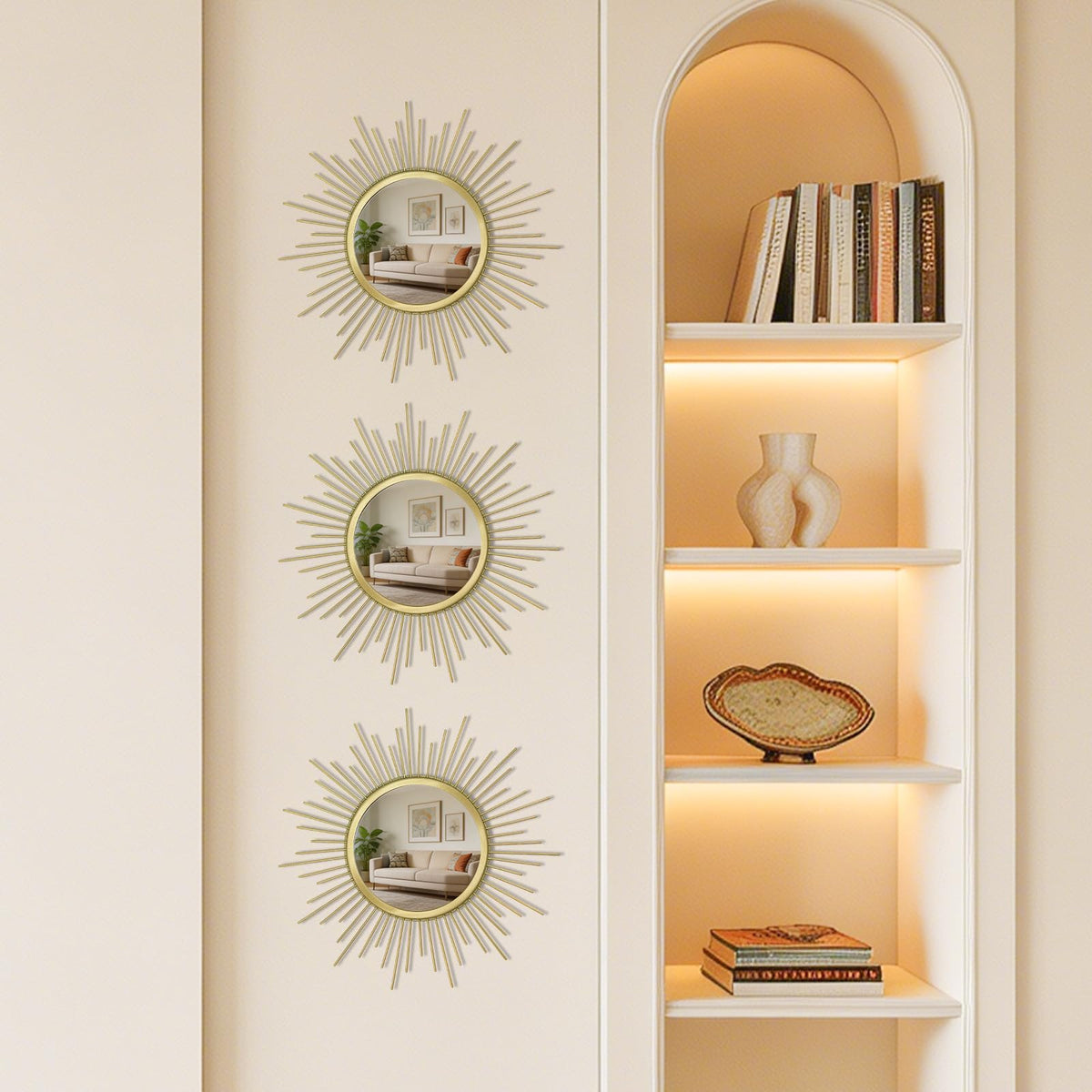 3 Set Sunburst Round Mirrors for Wall Decor Bedroom Bathroom