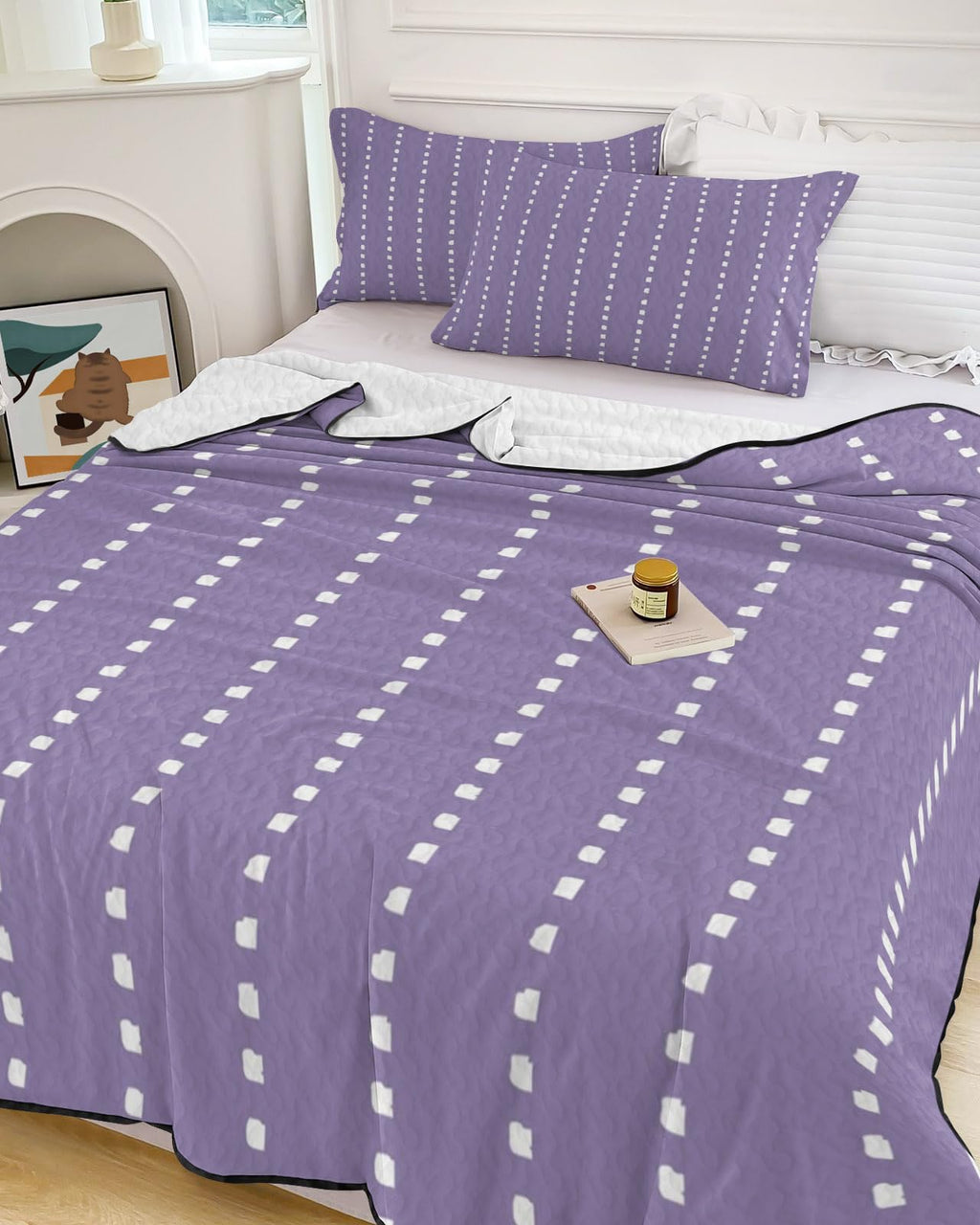 Lilac Ticking Quilt Set 3 Pieces Quilted Bedspread- Soft, Pastel Dreamy Undertone Lightweight Quilt with