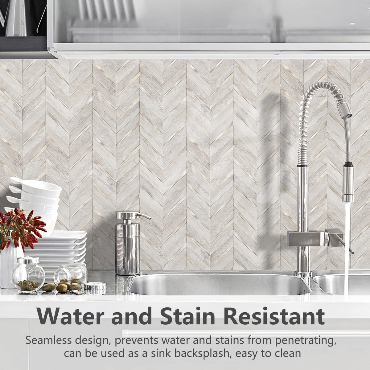10-Sheet Herringbone Tile Peel and Stick Backsplash, Beige Mixed Metal Gold PVC Stick on Backsplash, Self Adhesive