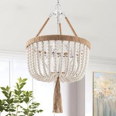 Boho Chandelier Farmhouse Wood Beaded Pendant Light Fixture Wood Beaded Hanging Chandeleir 3-Light Rustic Chandelier