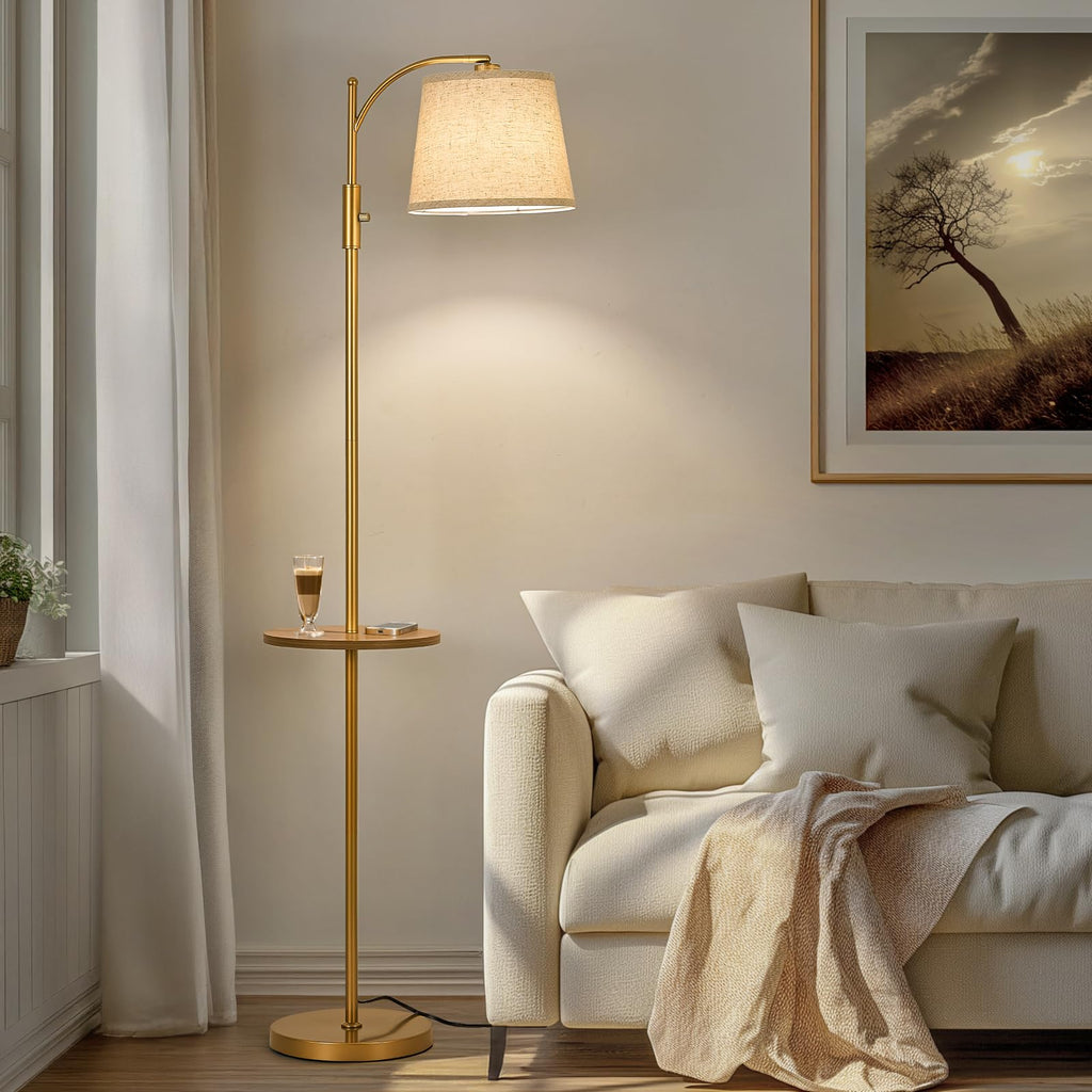 Golden Floor Lamp with Table, Dimmable Standing Lamp, Living Room