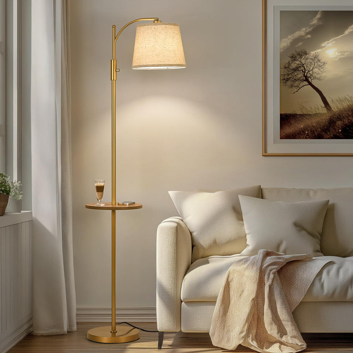 Golden Floor Lamp with Table, Dimmable Standing Lamp, Living Room