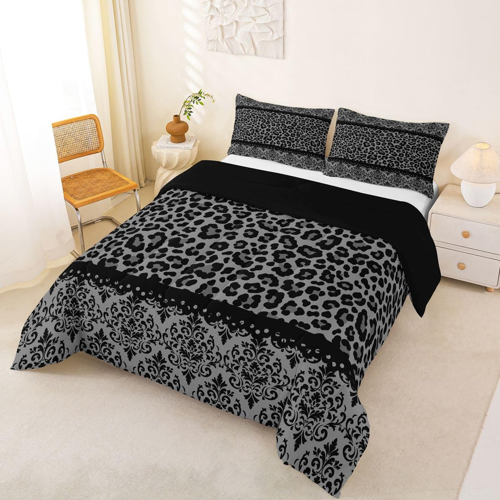 Black Grey Leopard Damask Print Adults Comforter Set All Season Gothic Antique Victorian Baroque Bedding Set with 2