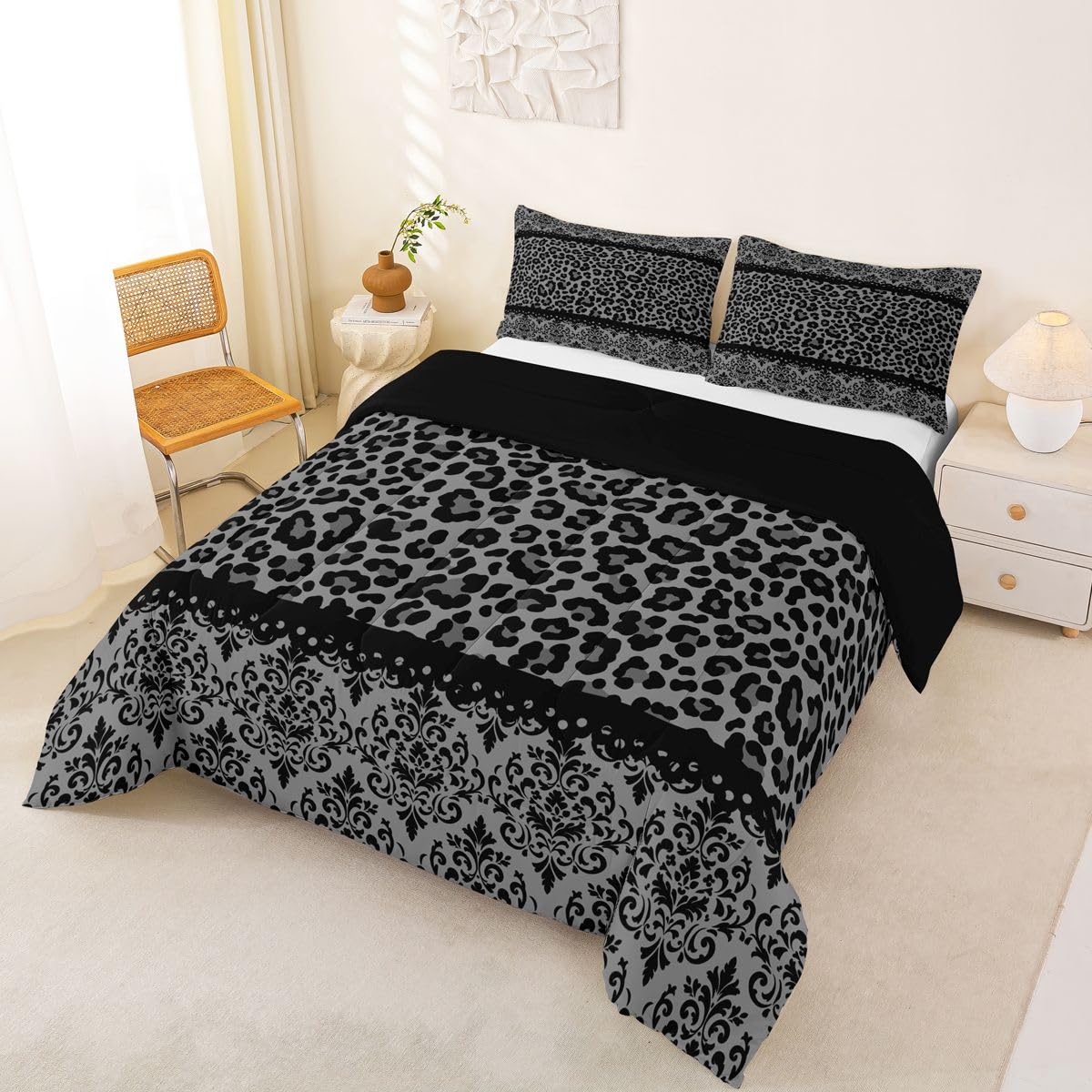 Black Grey Leopard Damask Print Adults Comforter Set All Season Gothic Antique Victorian Baroque Bedding Set with 2