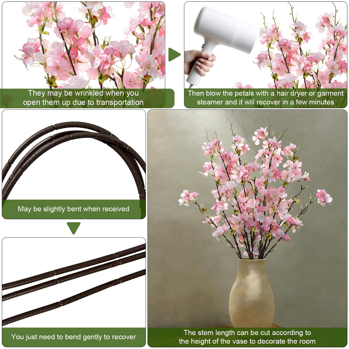 3 Pcs Artificial Cherry Blossom Branches 41 Inch, Faux Flowers Cherry Blossom Stems Spring Decorations, Real Touch