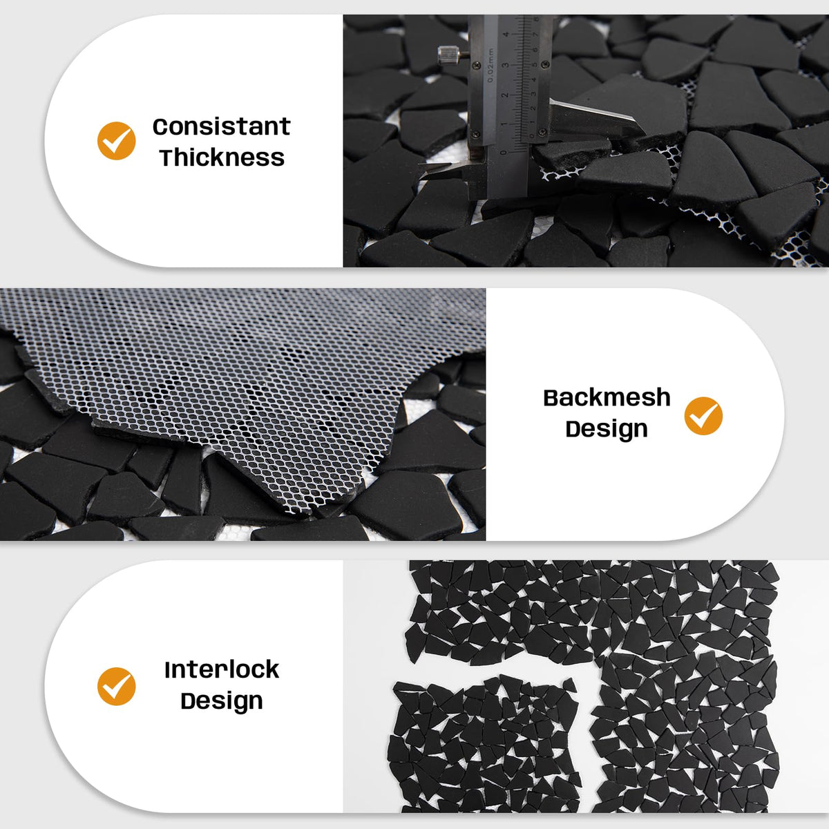 Black Pebble Tile for Shower Floor, 12"x12" Backsplash Tiles, 5 Pcs