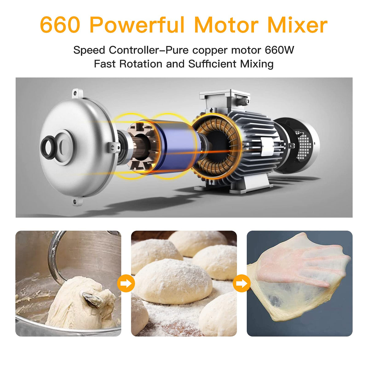 Stand Mixer Dough Mixer 7QT 660W 10-Speed Tilt-Head Dough Mixer, Electric Kitchen Mixer with Stainless Bowl, Hook