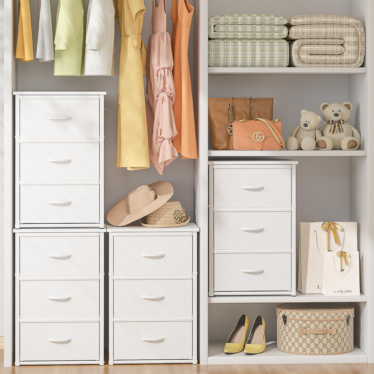 2-Pack Stackable Storage Drawers (6 Drawers Total), White Closet Drawers Organizer for Clothes with Wooden Top &