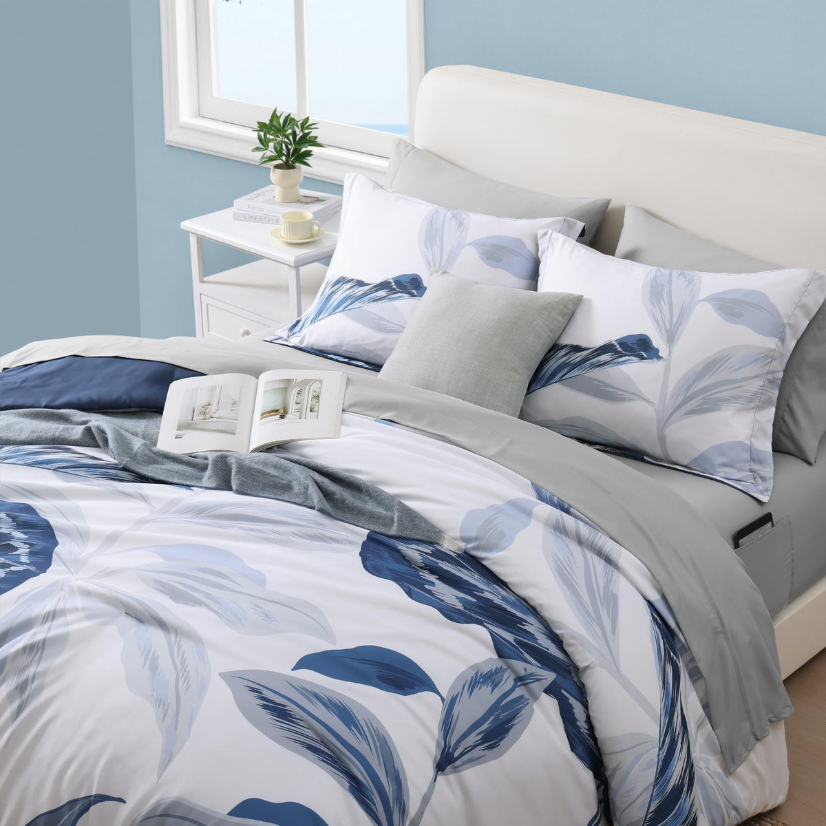 Comforter Set- 7 Pieces Blue Tropical Leaves Soft Bedding Sets, Coastal Bed in a Bag, Botanical Printed