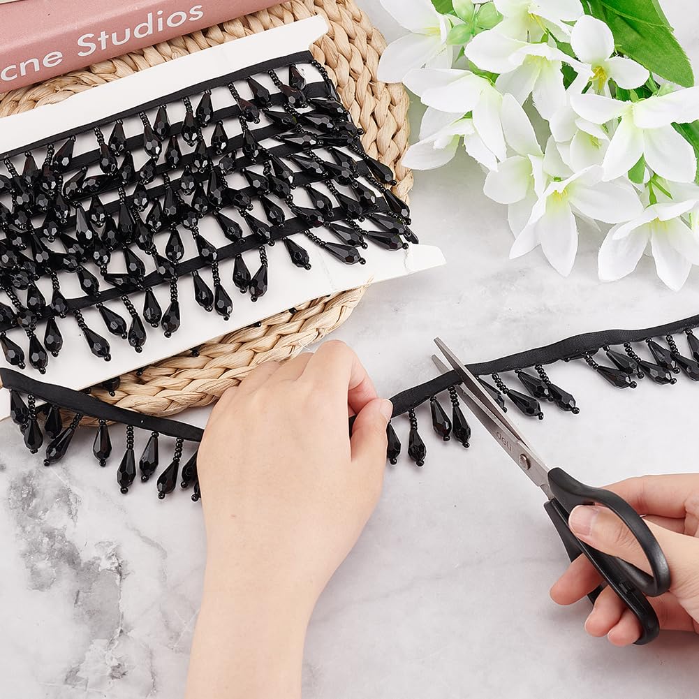Black Beaded Fringe Trim Decorative Beaded Trim Teardrop Fringe Trims Polyester Bead Tassel Trims for Wedding - 3 Yards
