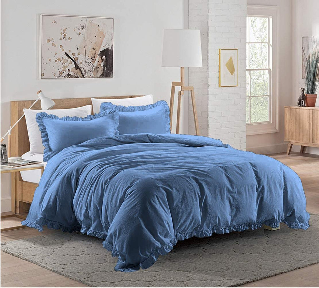 3 Pieces Ruffle Duvet Cover Set with Zipper Closure, 100% Egyptian Cotton 1000 Thread Count (Full/Queen, Medium Blue)