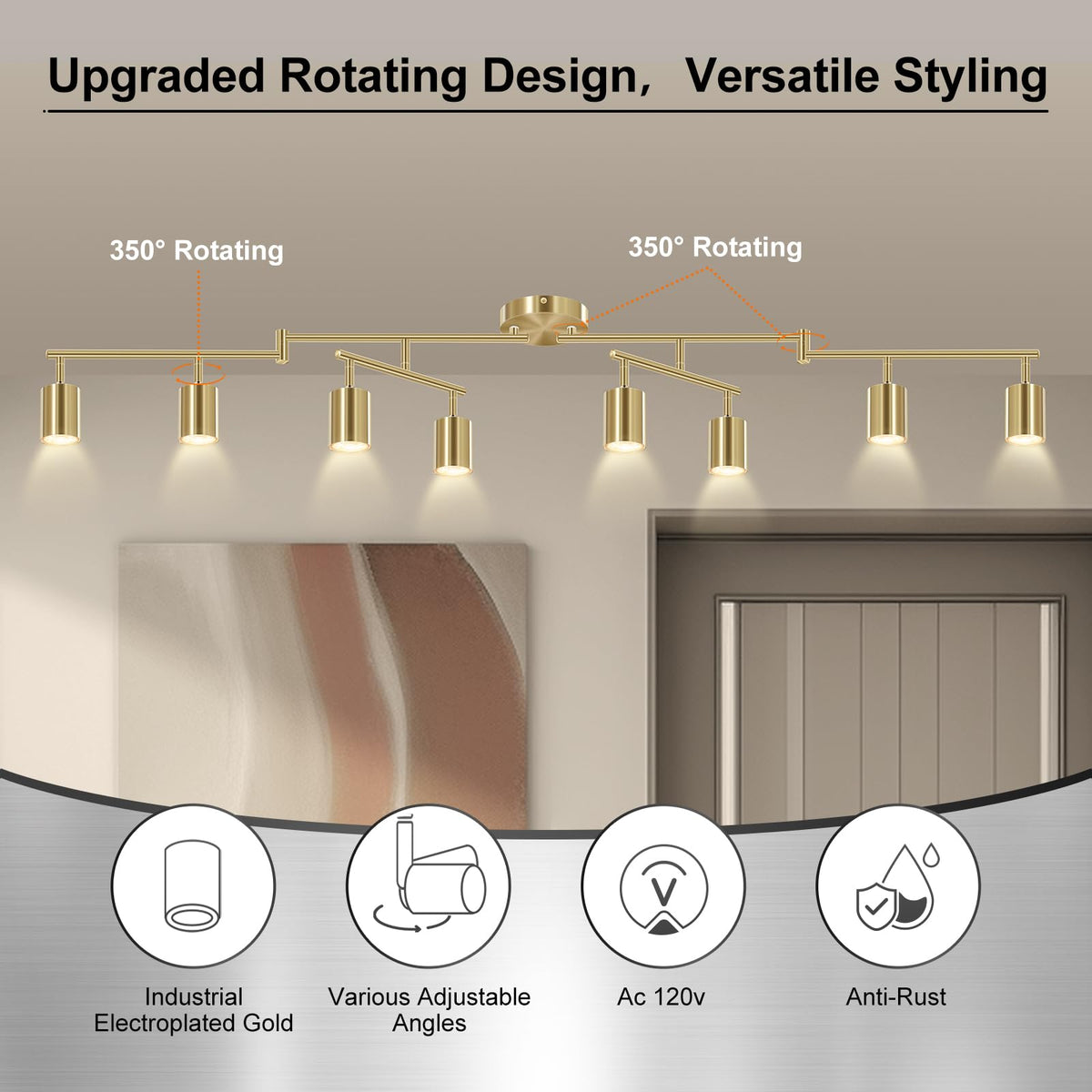 8 Light Track Lighting Fixtures Ceiling, Gold Kichen Track Lighting Fixtures, Rotatable Light Heads, Adjustable