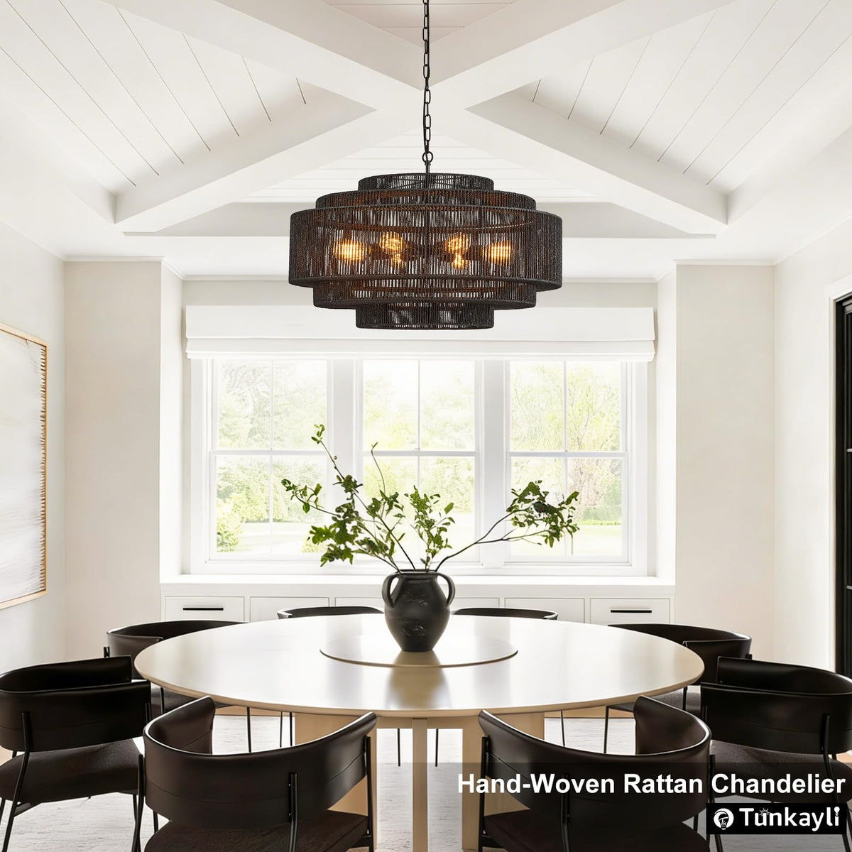 31.5" Large Black Rattan Chandelier, 8-Light Drum Light Fixture