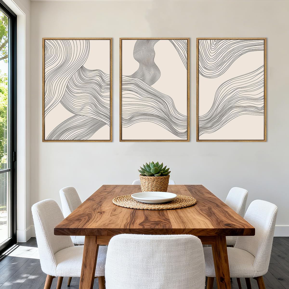 Large Beige Abstract Wall Art Framed Neutral Modern Canvas Wall Decor Minimalist Line Wave Painting 24x36 Inch