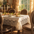 Beige Lace Rectangle Tablecloth Macrame Embroidered 60 x 104 Inch