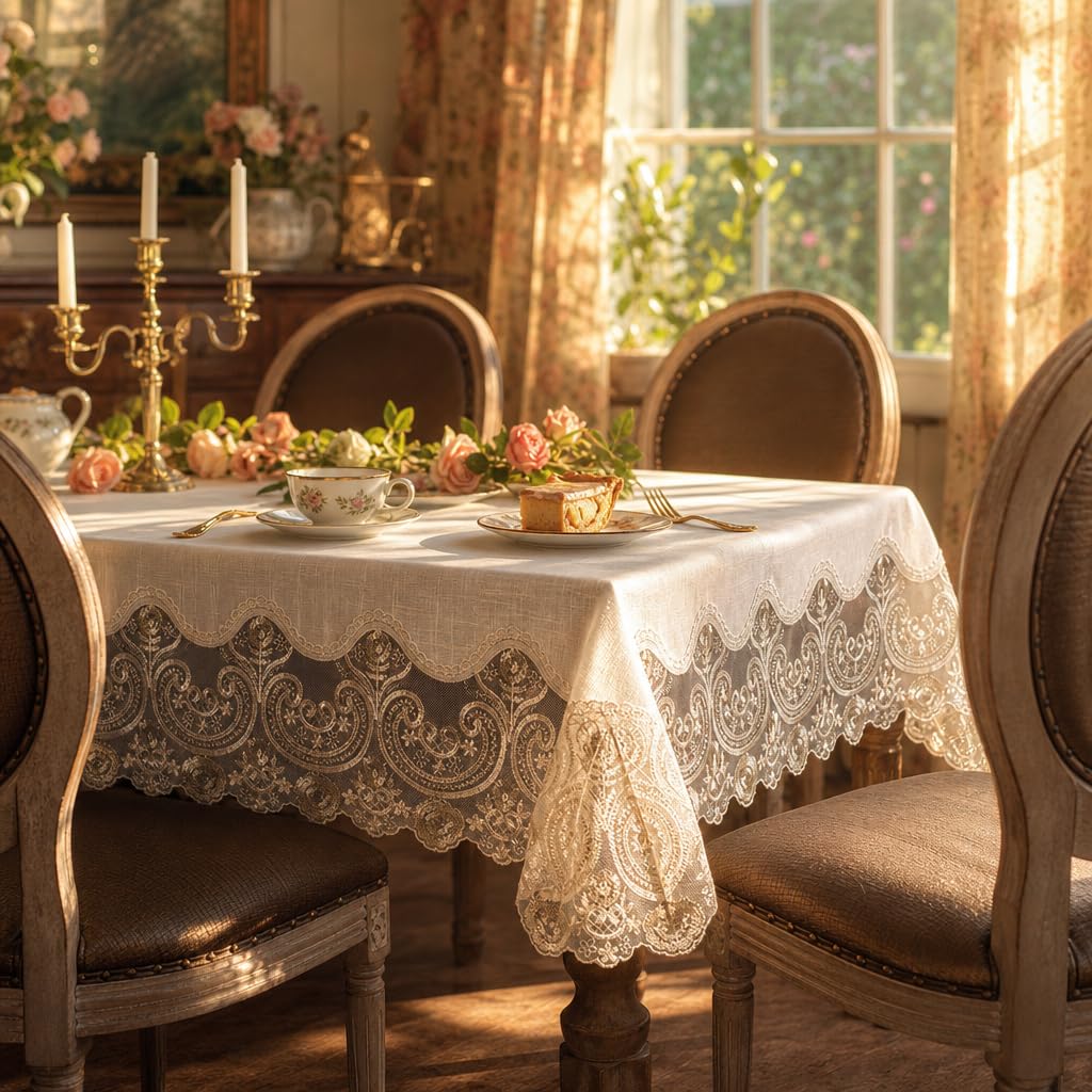 Beige Lace Rectangle Tablecloth Macrame Embroidered 60 x 104 Inch