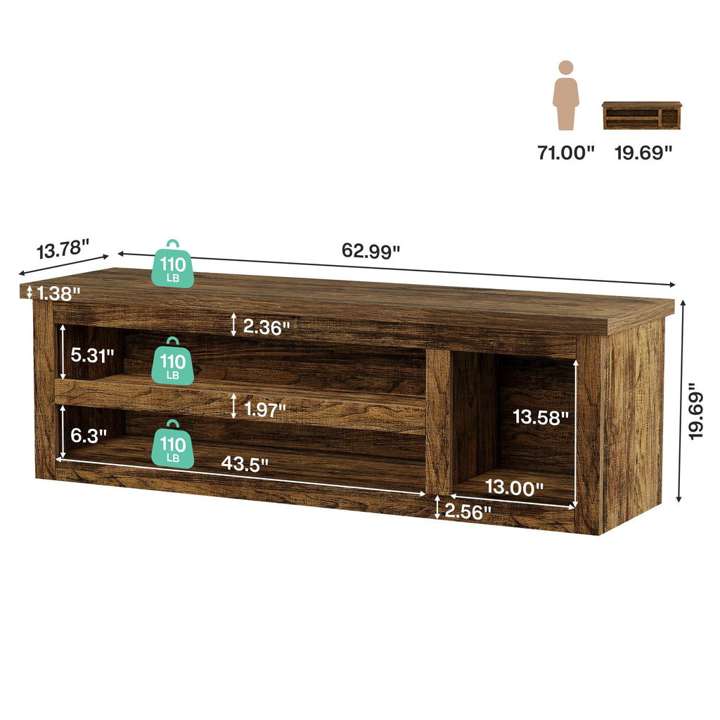 63" Entryway Bench, Farmhouse Shoe Storage Bench with Shelves