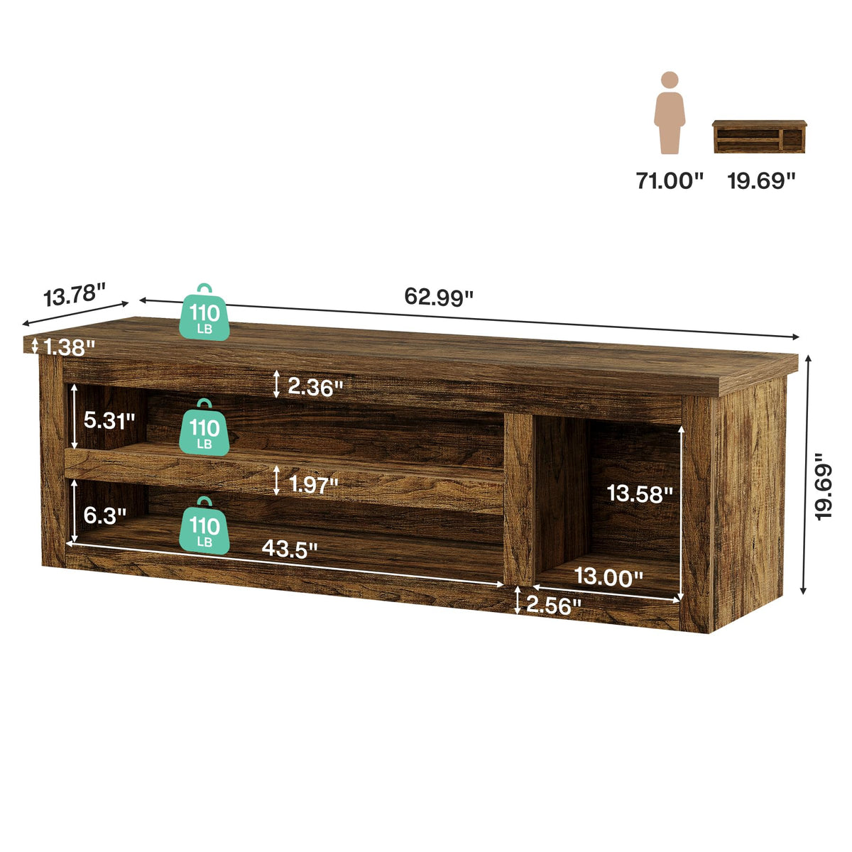 63" Entryway Bench, Farmhouse Shoe Storage Bench with Shelves
