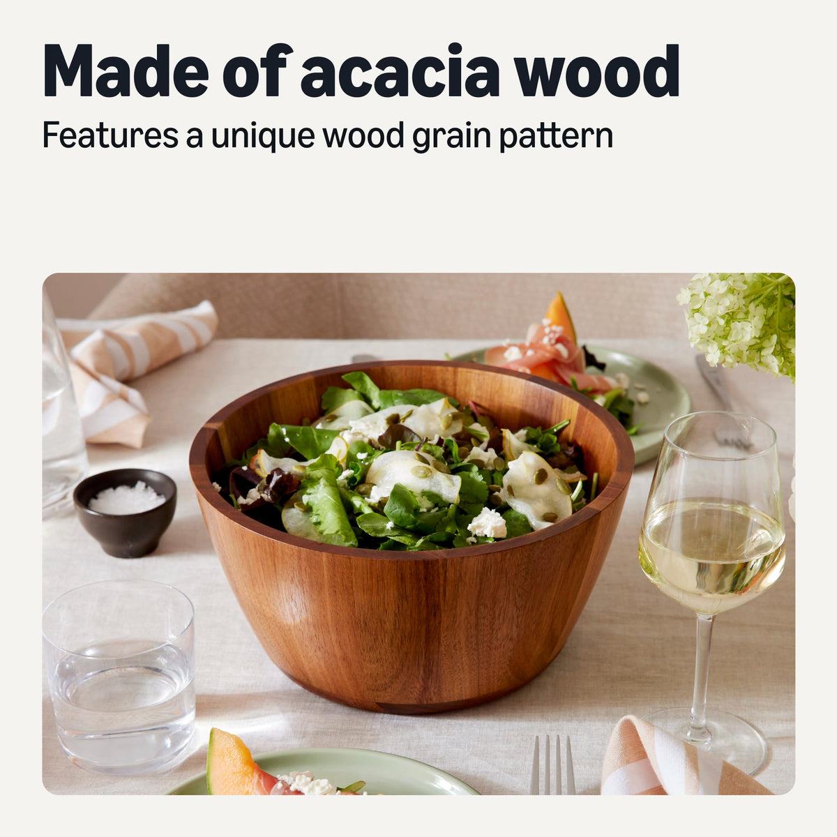 Wooden Salad Bowl, Acacia Wood, 10 in., Family Size Serving Bowl for Gatherings and Everyday Meals