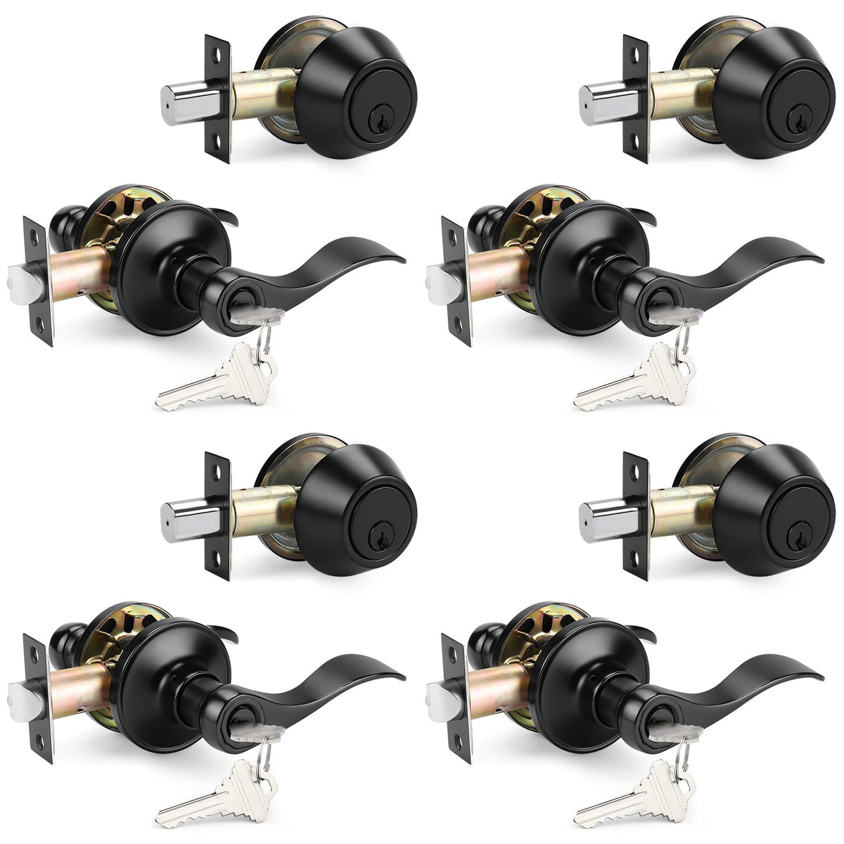 Front Door Entry Lever Lockset, Single Cylinder Deadbolt Combination Set, Flat Black Finish Keyed Alike Combo