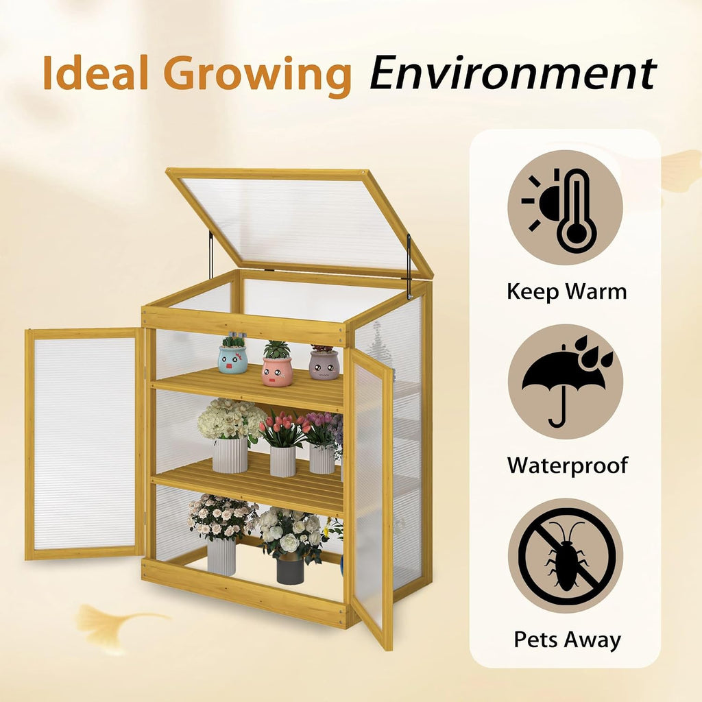 2-Tier Wooden Cold Frame Greenhouse, Garden Portable Mini Cabinet, Flower Shelf Bed for Outdoor Indoor Use