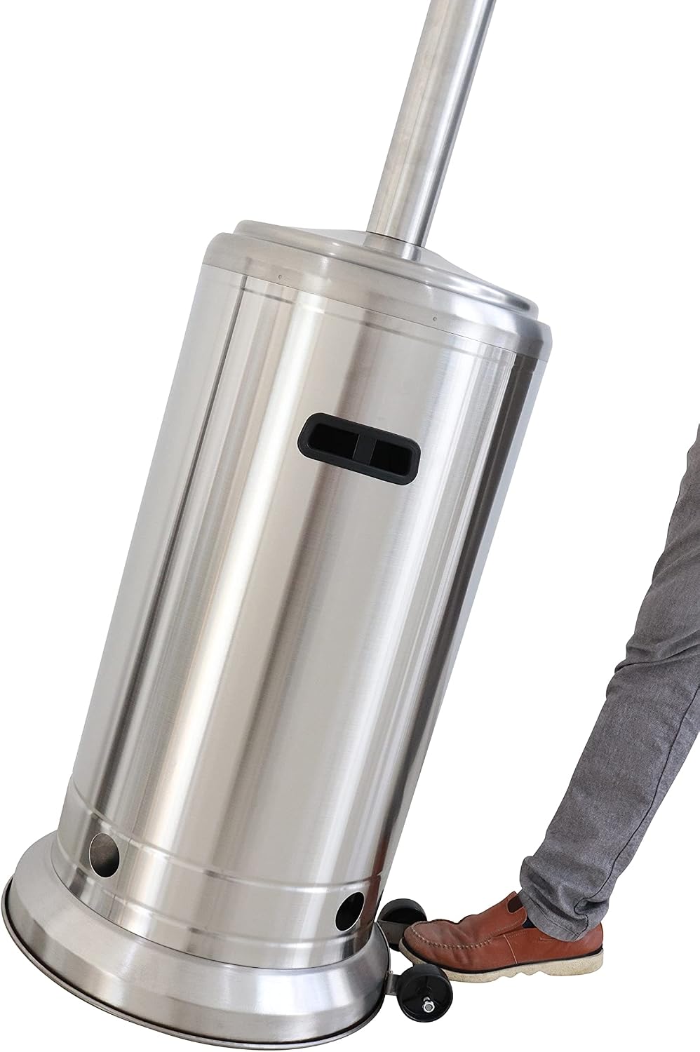 Industrial 46,000 BTU Standing Patio Heater, Steel Gray Aluminum Outdoor Heater with Wheels, Safety Shut-Off &
