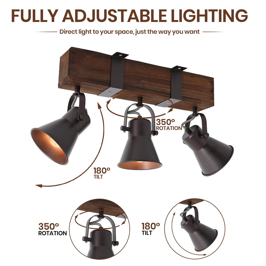 Rustic Kitchen Lights Ceiling, 3 Light Semi Flush Mount Ceiling Light, Farmhouse Wooden Track Lighting Fixtures