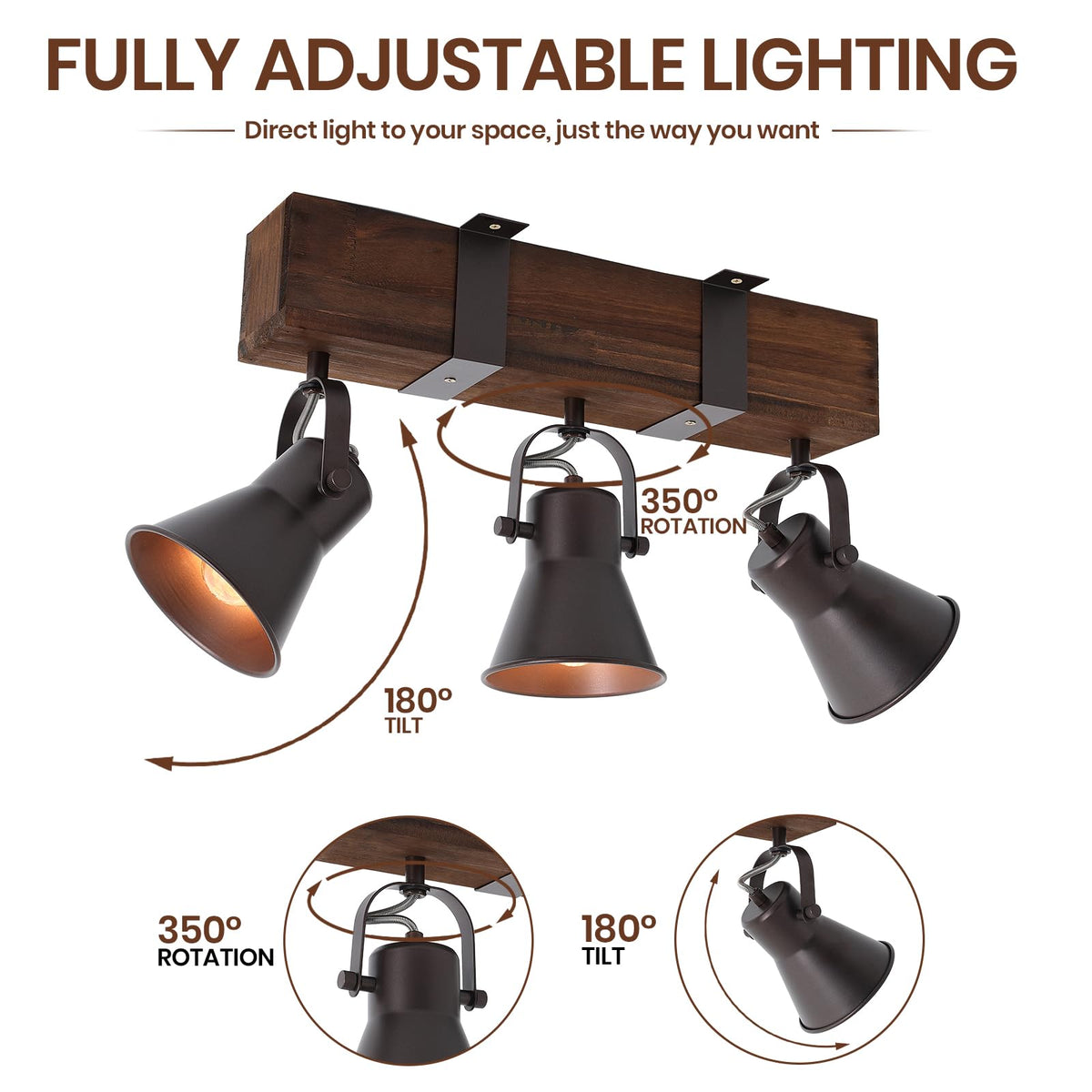 Rustic Kitchen Lights Ceiling, 3 Light Semi Flush Mount Ceiling Light, Farmhouse Wooden Track Lighting Fixtures