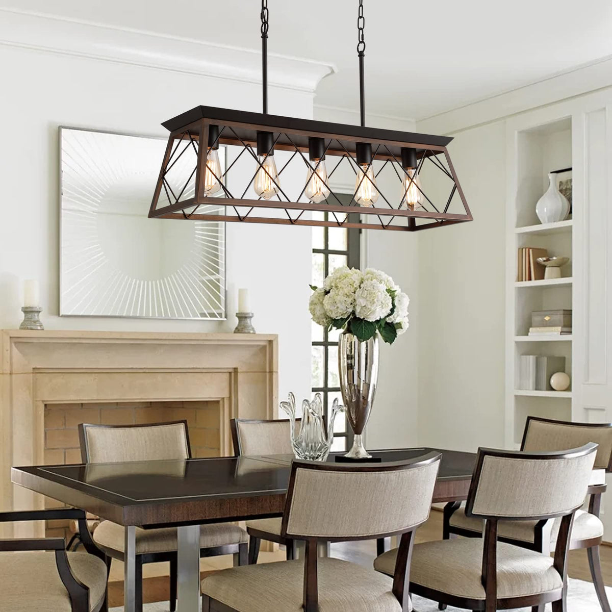 Farmhouse Rustic Chandelier Light Fixtures Bronze 5 Lights Linear Rectangular Chandelier Pendant Light Fixtures