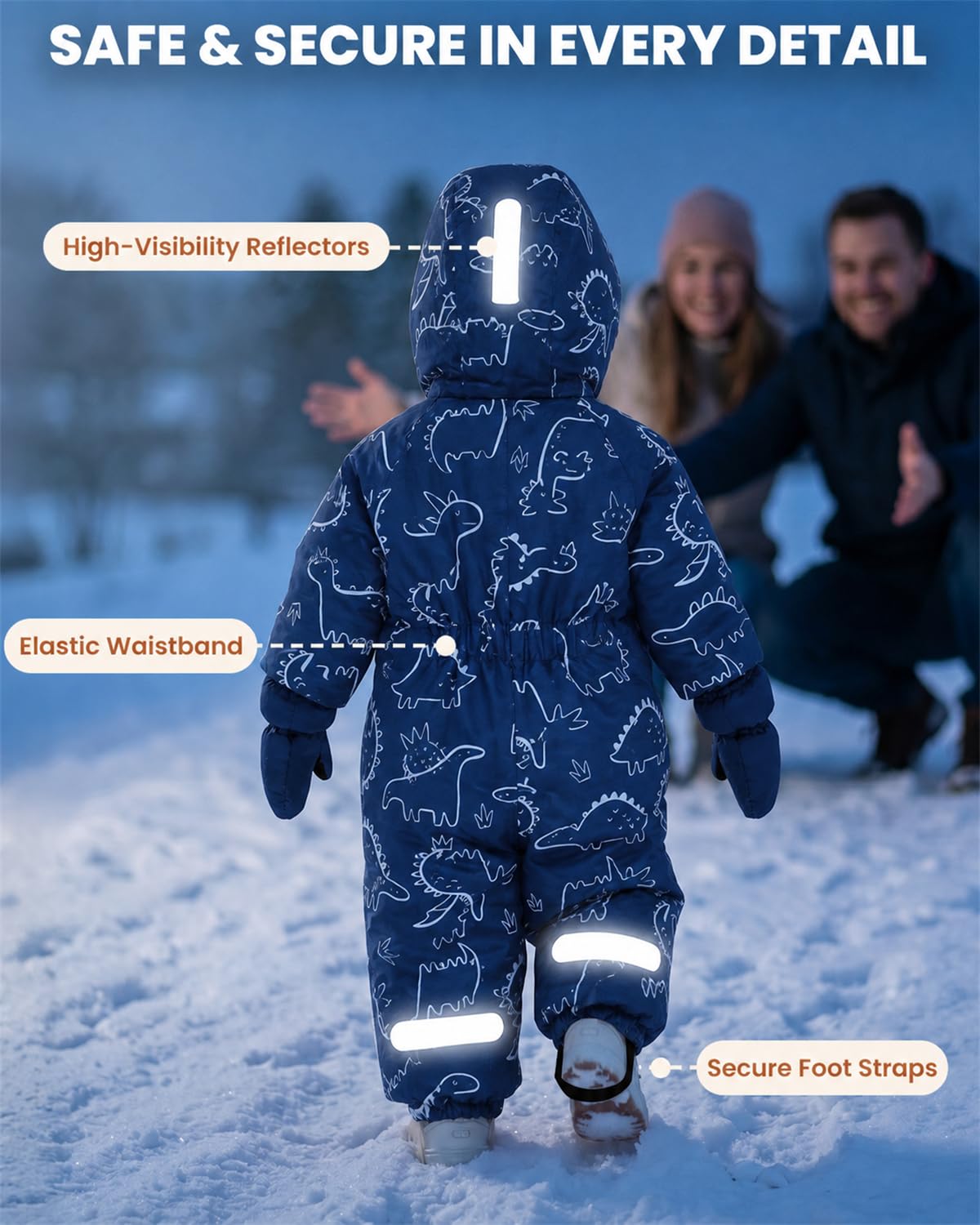 Baby Toddler Snowsuit - Windproof & Waterproof Winter Kids Snow Suits Navy Dinasour