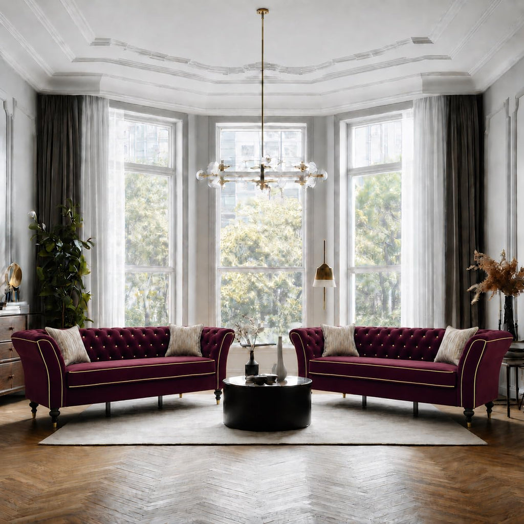 Red Chesterfield Sofa Set, 89.5" 3 Seater Couch
