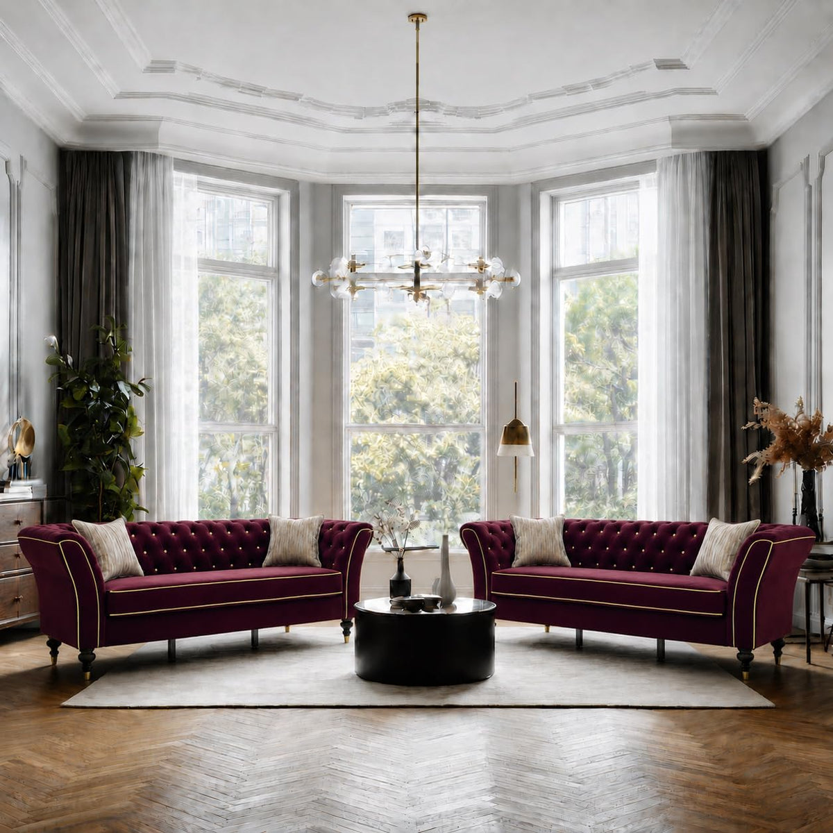 Red Chesterfield Sofa Set, 89.5" 3 Seater Couch