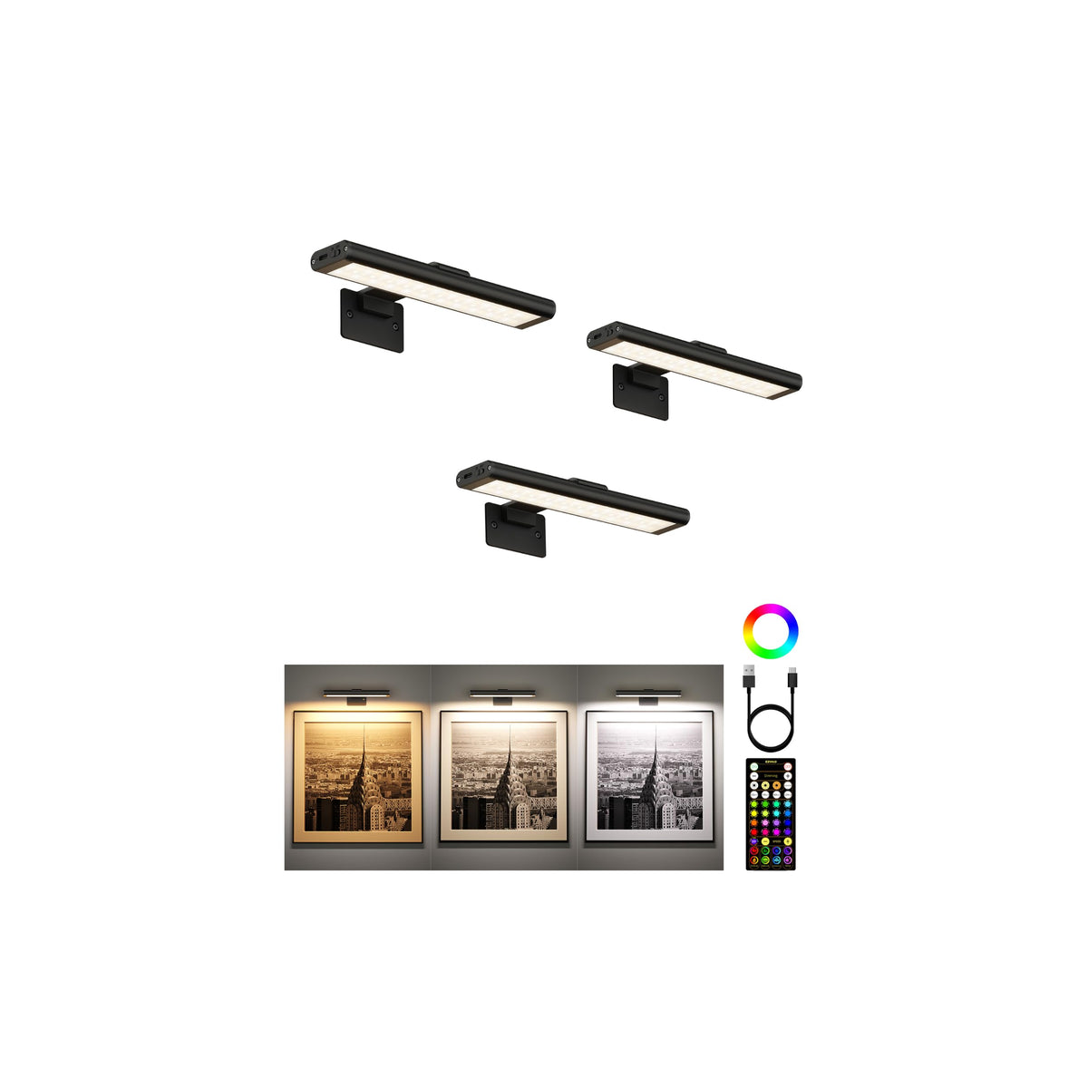 RGB Picture Light for Wall, 2400mAh Wireless Rechargeable Color Changing Art Light with Remote, 16 Colors, Dimmable