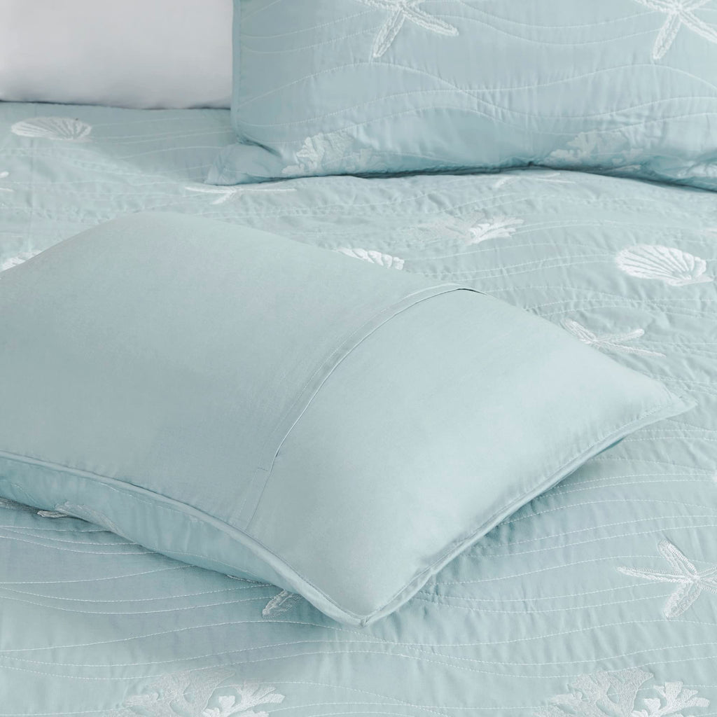 Seaside Reversible Cotton Quilt Set Coastal Clam, Starfish, Coral Embroidery, All Season, Pre-Washed Coverlet Bedding