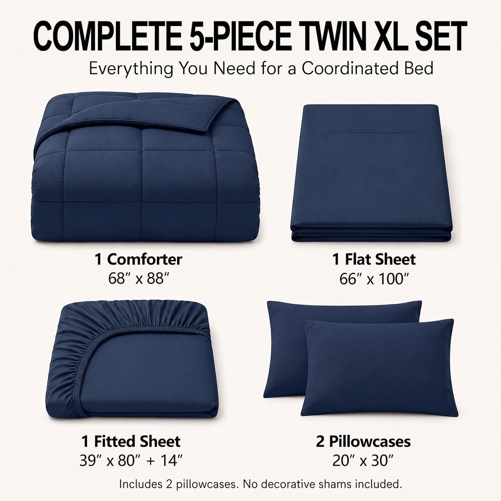 Comforter Set Navy Blue - 5 Pieces Bed in a Bag