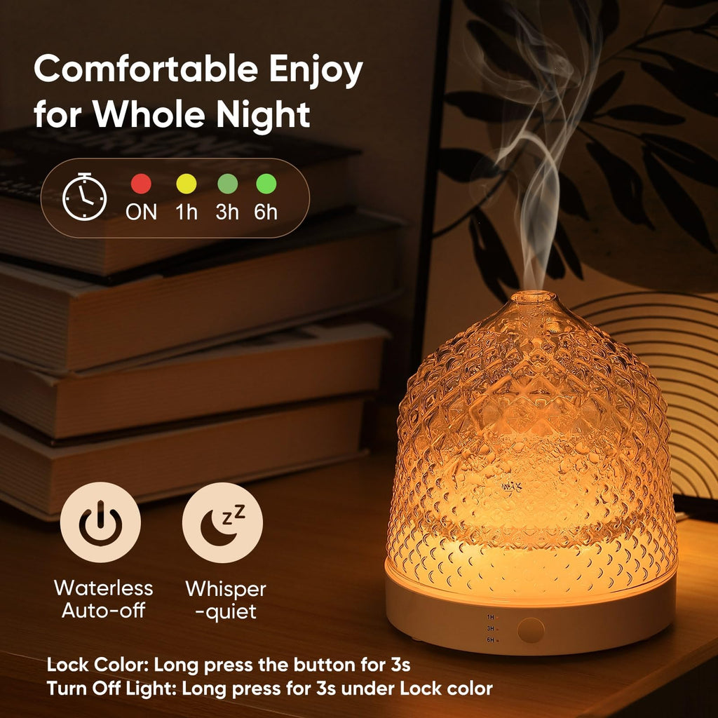 Glass Essential Oil Diffuser, 200ml Ultrasonic Aroma Diffusers with Glass Reservoir Dome & White Plastic Base Lock