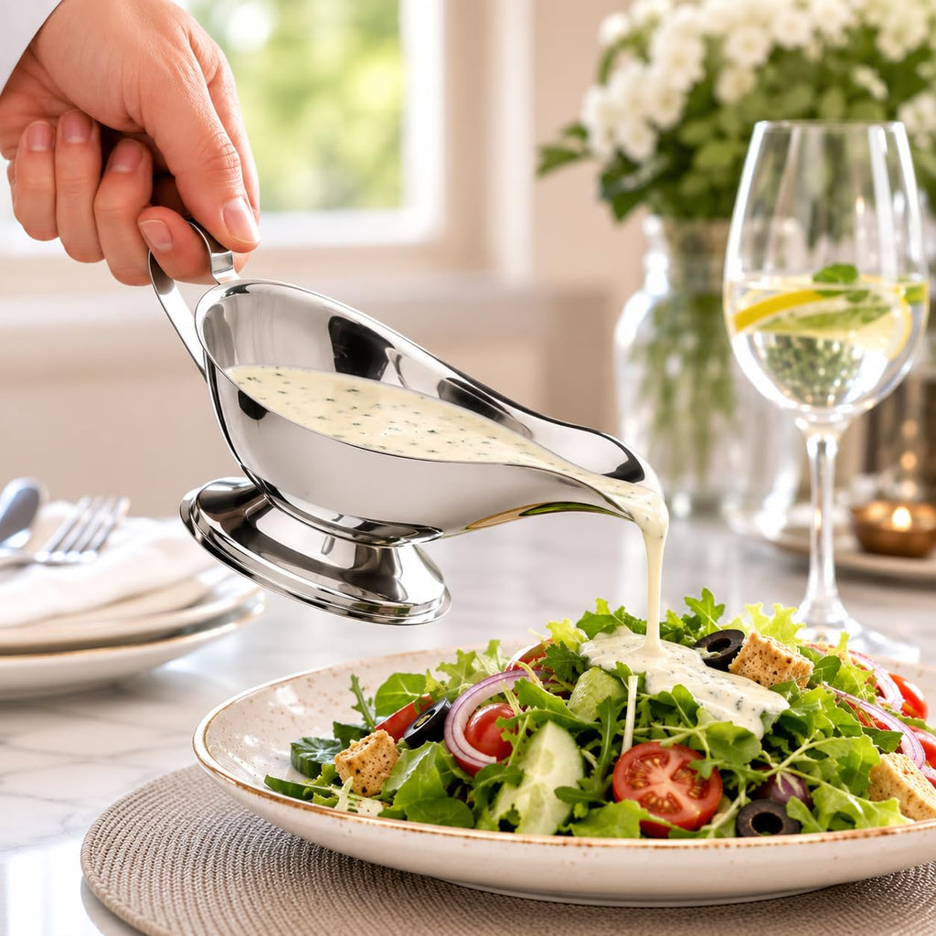 16 Oz. Stainless Steel Gravy Boat Set of 2 - Elegant Sauce Server with Gadroon Base & Easy-Pour Lip - Durable Metal