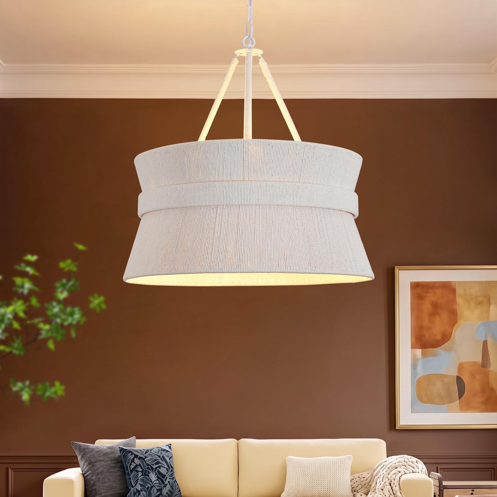20" Boho Hand Woven Rattan Chandelier, White Coastal Pendant Light 4 Lights