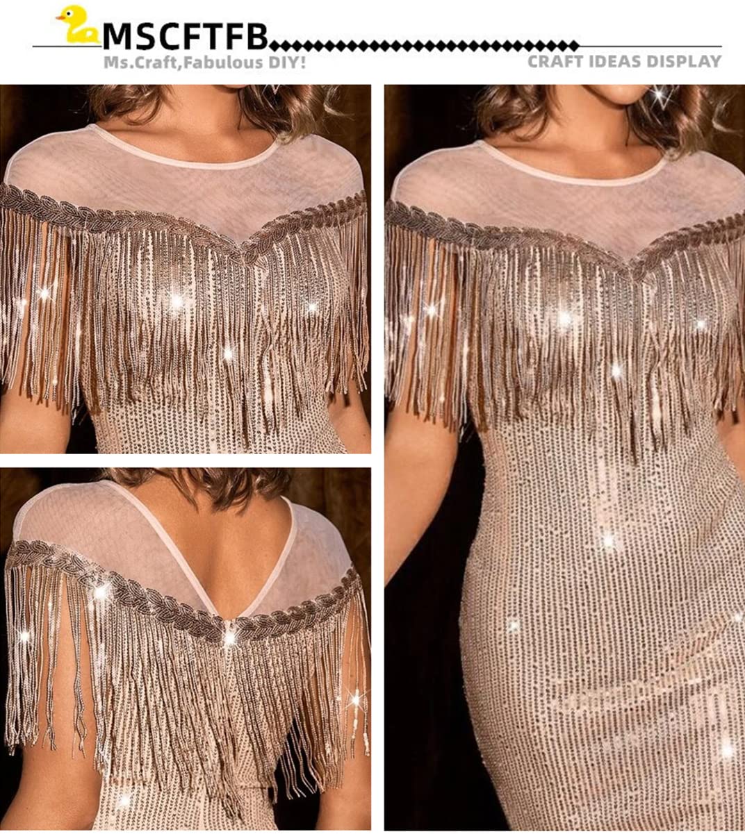 Sparkly Sequined Tassel Ribbon Sequins Fringe Trim Spangle Paillette Lace Fabric for Upholstery Sewing - 10 Yards