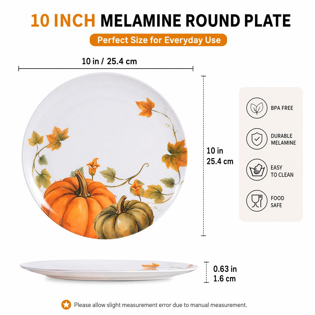 10in Melamine Dinner Plates Set 12 - Fall Pumpkin Design for Outdoor
