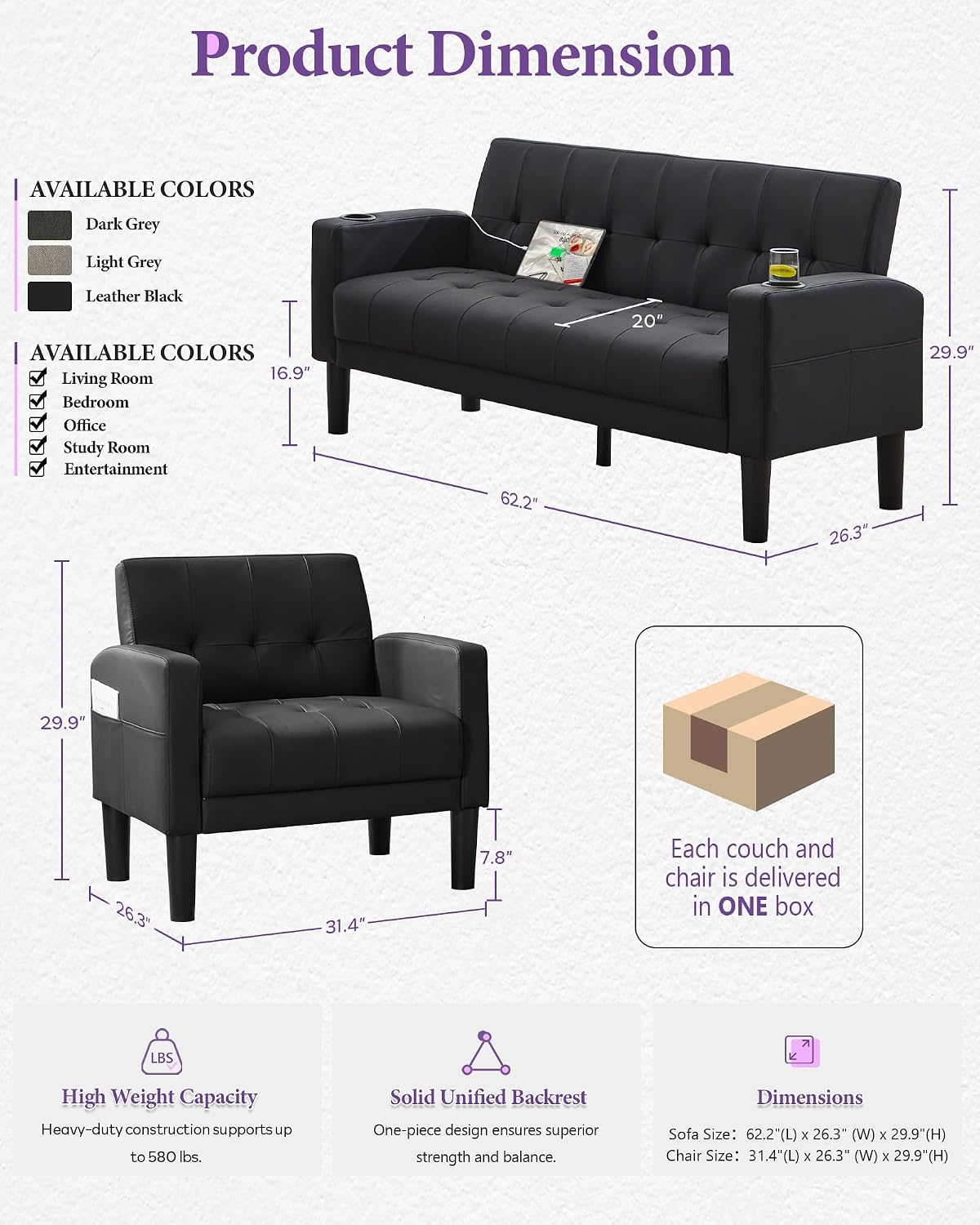 Light Grey Couch and Chairs Set, 3 Piece Living Room Furniture Set with USB & Type-C Ports, Fabric Loveseat Sofa and