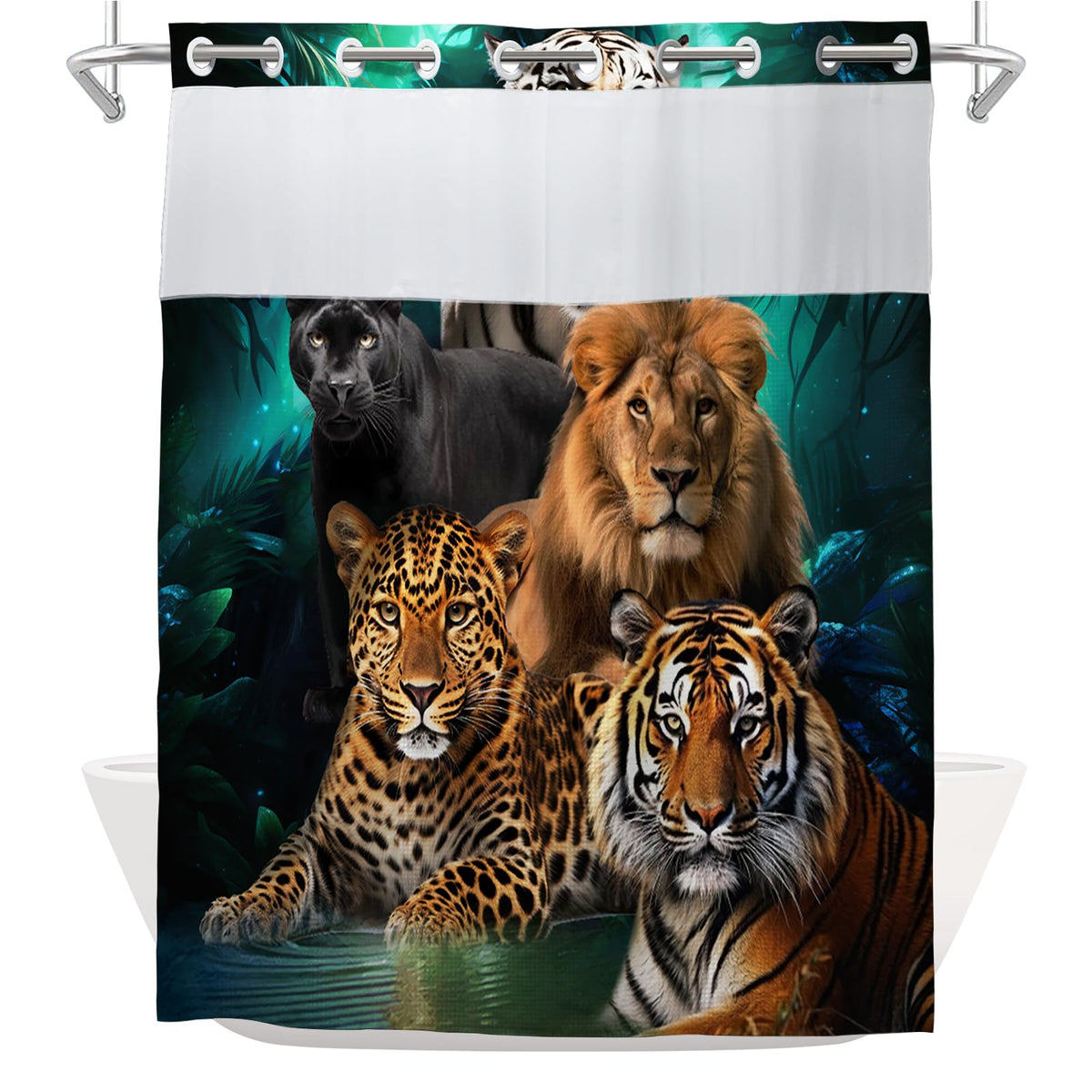 Wild Jungle Animal Waffle Shower Curtain Leopard Lion Tiger Panther No Hooks Shower Curtains with Snap in Liner