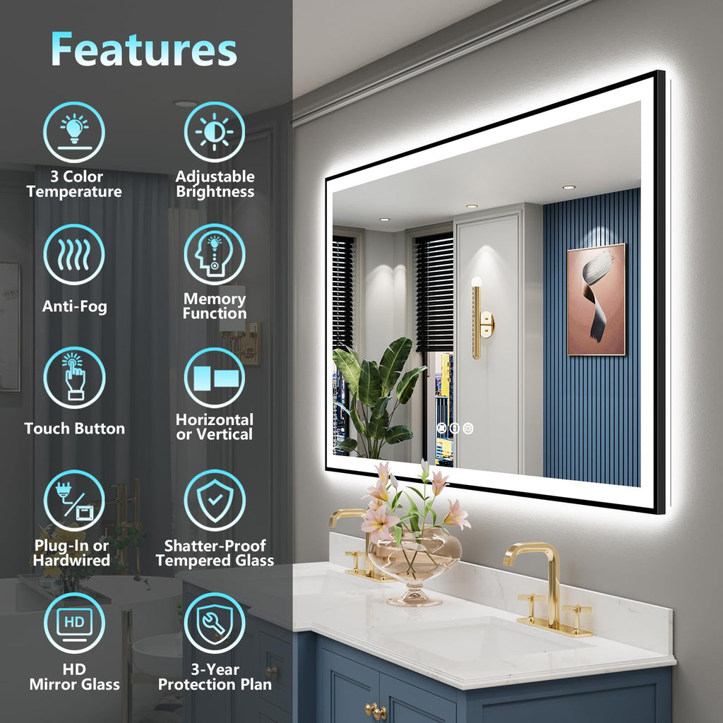 60x36 Black LED Bathroom Mirror, Backlit & Front Lit Lighted Mirror