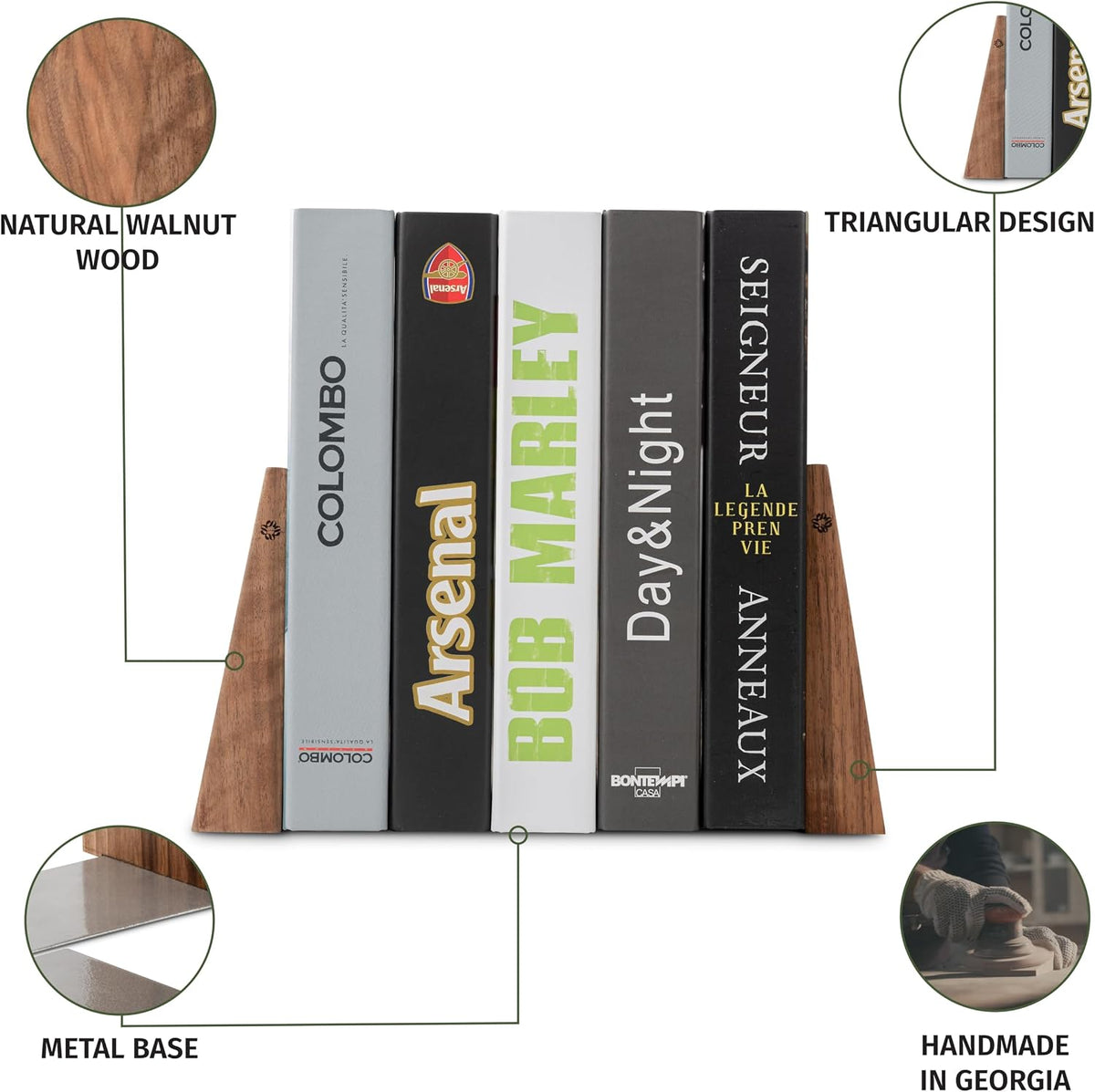 Book Ends for Shelves - Handmade Wooden Bookends with Metal Base, Walnut Tree - Sturdy Book Holders for Heavy Books