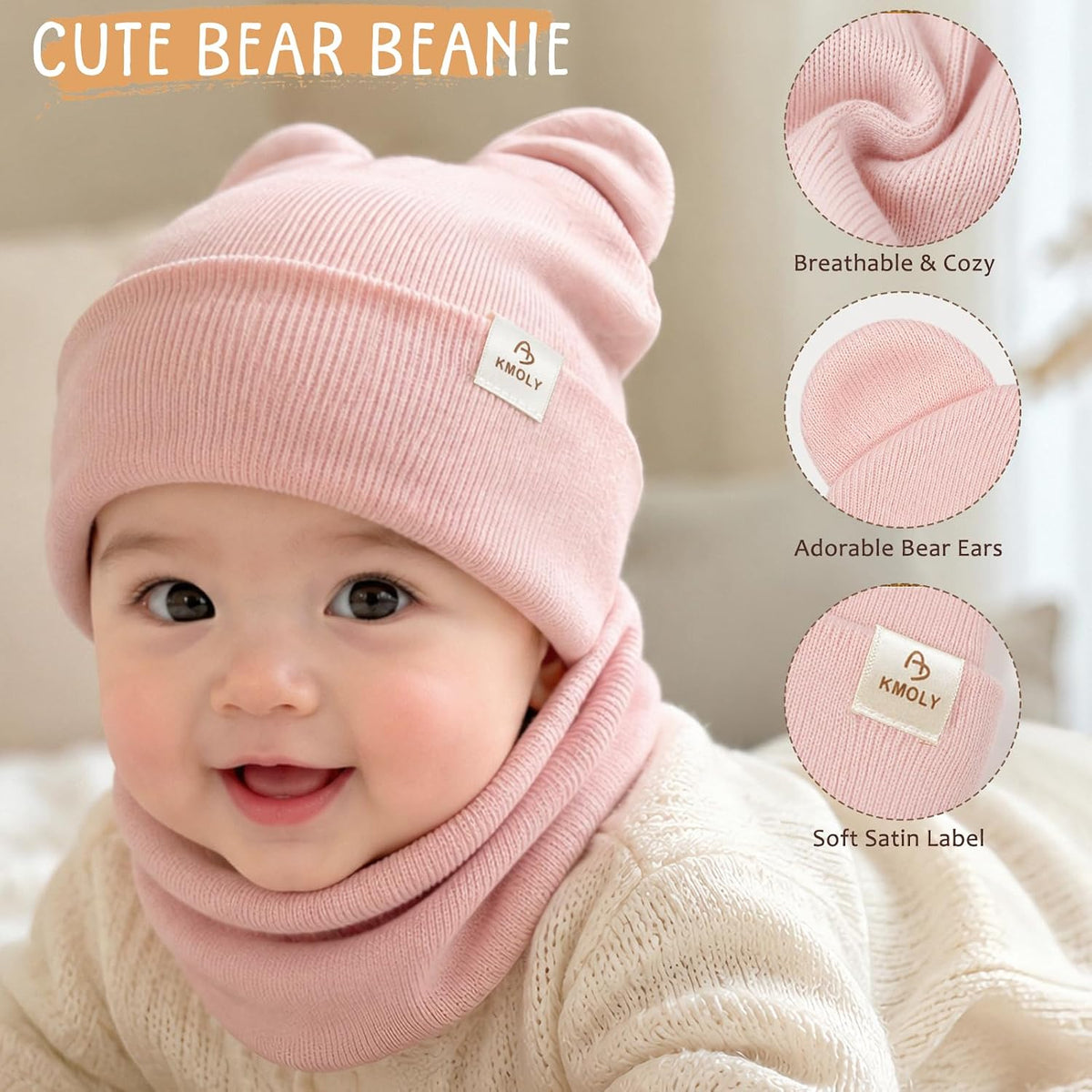 Baby Toddler Winter Beanie Hat Mittens and Neck Warmer with Bear Ear Set