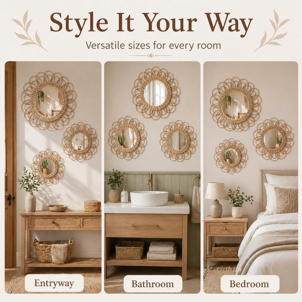 3 Pack Boho Rattan Mirror Wall Hanging Wicker Flower Decor