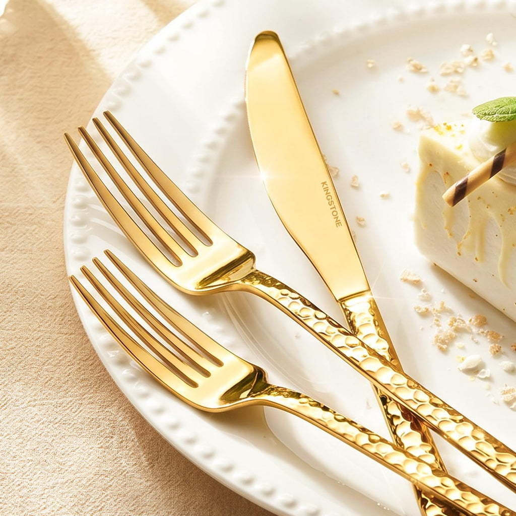 20 Piece Gold Silverware Set, 18/10 Stainless Steel Hammered Flatware for 4