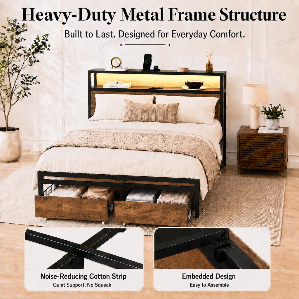 Full Size Bed Frame with Storage Drawers, Bed Frame Full Size with Headboard, LED Light, Charging Station with 3 USB